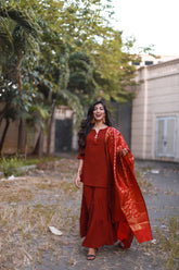 Women Maroon & Golden Solid Kurti with Sharara & Woven Design Dupatta (JOKPS D14M 1349 Maroon)-JOKPS-D14M-1349